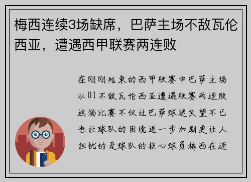 梅西连续3场缺席，巴萨主场不敌瓦伦西亚，遭遇西甲联赛两连败