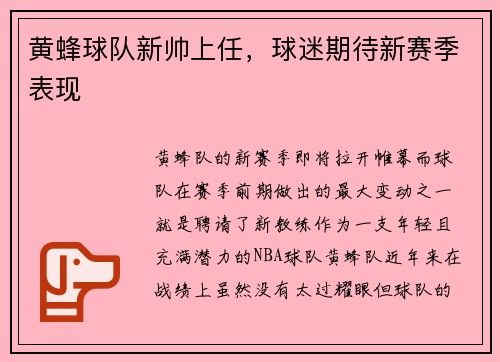 黄蜂球队新帅上任，球迷期待新赛季表现