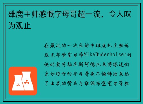 雄鹿主帅感慨字母哥超一流，令人叹为观止