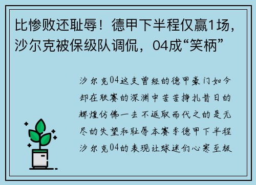 比惨败还耻辱！德甲下半程仅赢1场，沙尔克被保级队调侃，04成“笑柄”