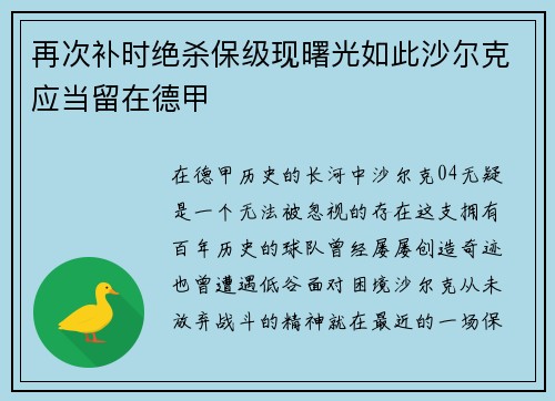 再次补时绝杀保级现曙光如此沙尔克应当留在德甲