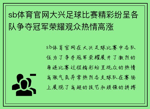 sb体育官网大兴足球比赛精彩纷呈各队争夺冠军荣耀观众热情高涨